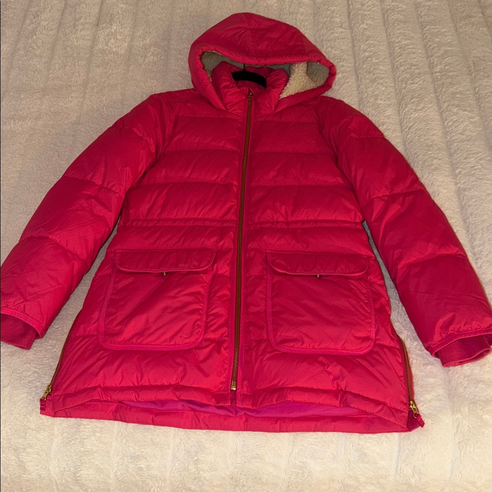 New J. Crew Pink Sherpa Hooded Puffer Jacket - Picture 4 of 9